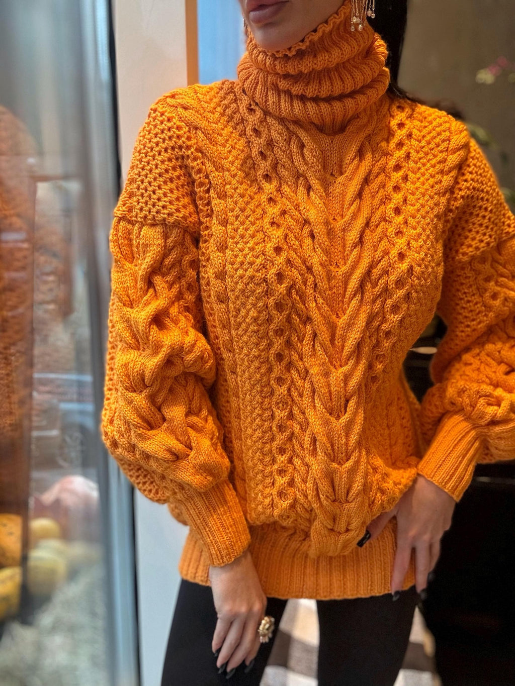Aran long hand knitted orange merino merino wool sweater dress Turtleneck cable knit pullover women Сhunky knit big sweater