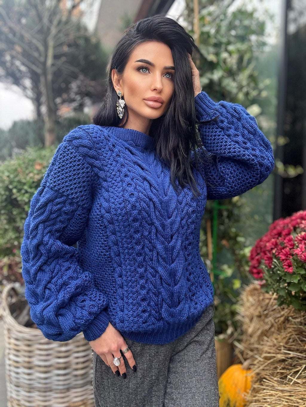 Navy blue Aran hand knit soft wool sweater for women Hand knit dark blue jumper Cable knitting Loose knit pullover Chunky knit braids sweate