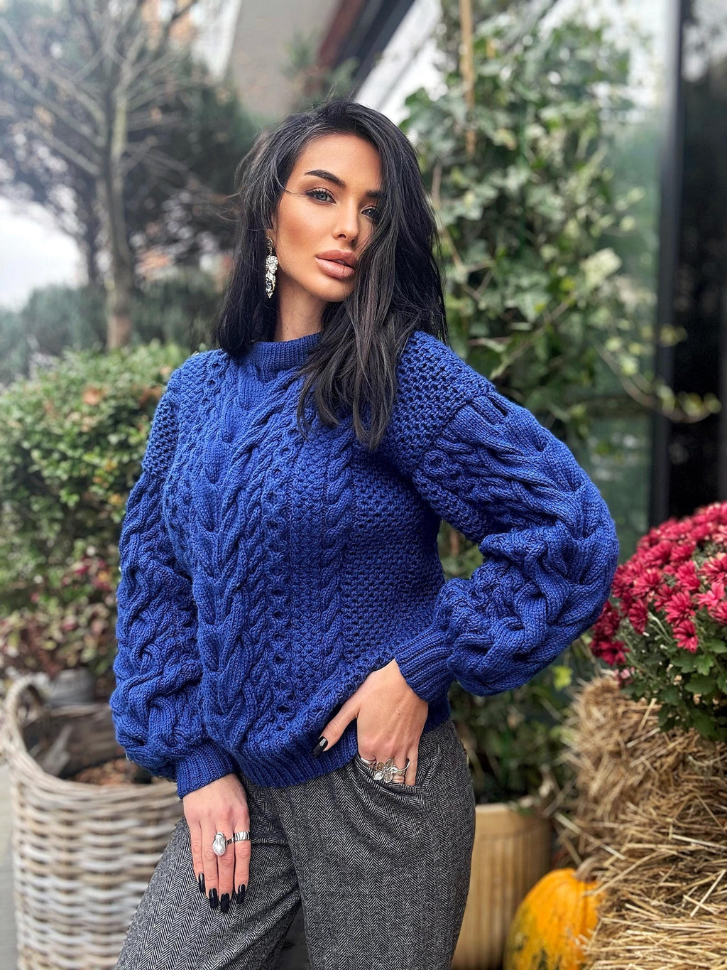 Navy blue Aran hand knit soft wool sweater for women Hand knit dark blue jumper Cable knitting Loose knit pullover Chunky knit braids sweate