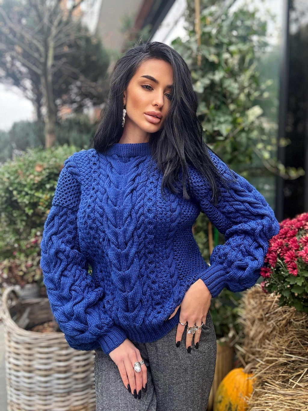 Navy blue Aran hand knit soft wool sweater for women Hand knit dark blue jumper Cable knitting Loose knit pullover Chunky knit braids sweate