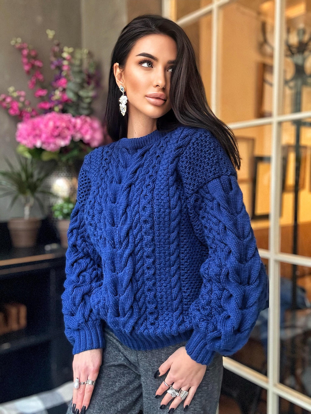 Navy blue Aran hand knit soft wool sweater for women Hand knit dark blue jumper Cable knitting Loose knit pullover Chunky knit braids sweate