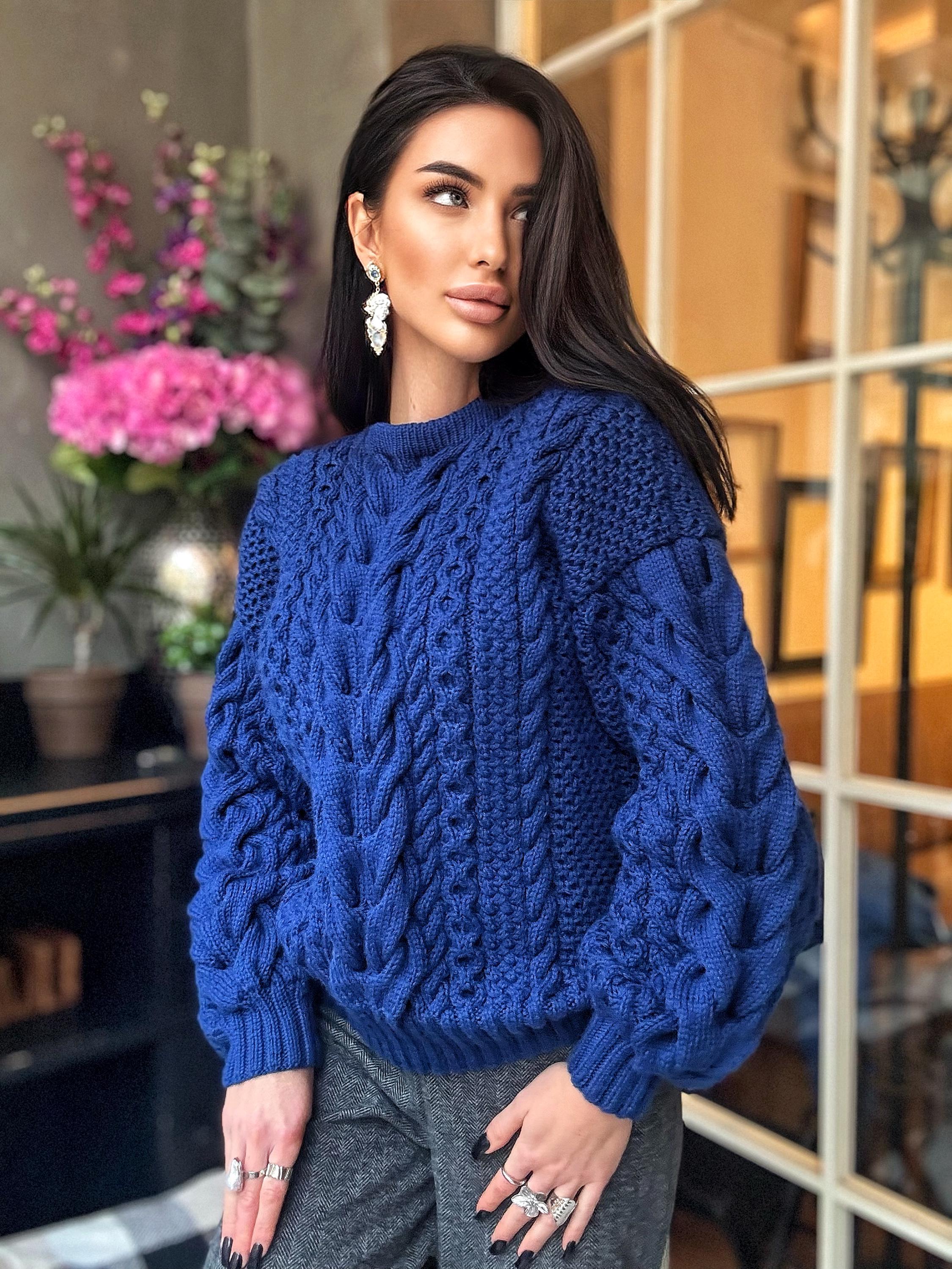 Navy blue Aran hand knit soft wool sweater for women Hand knit dark blue jumper Cable knitting Loose knit pullover Chunky knit braids sweate