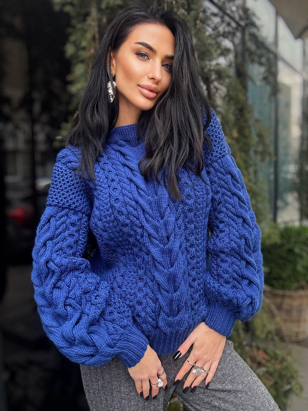 Navy blue Aran hand knit soft wool sweater for women Hand knit dark blue jumper Cable knitting Loose knit pullover Chunky knit braids sweate