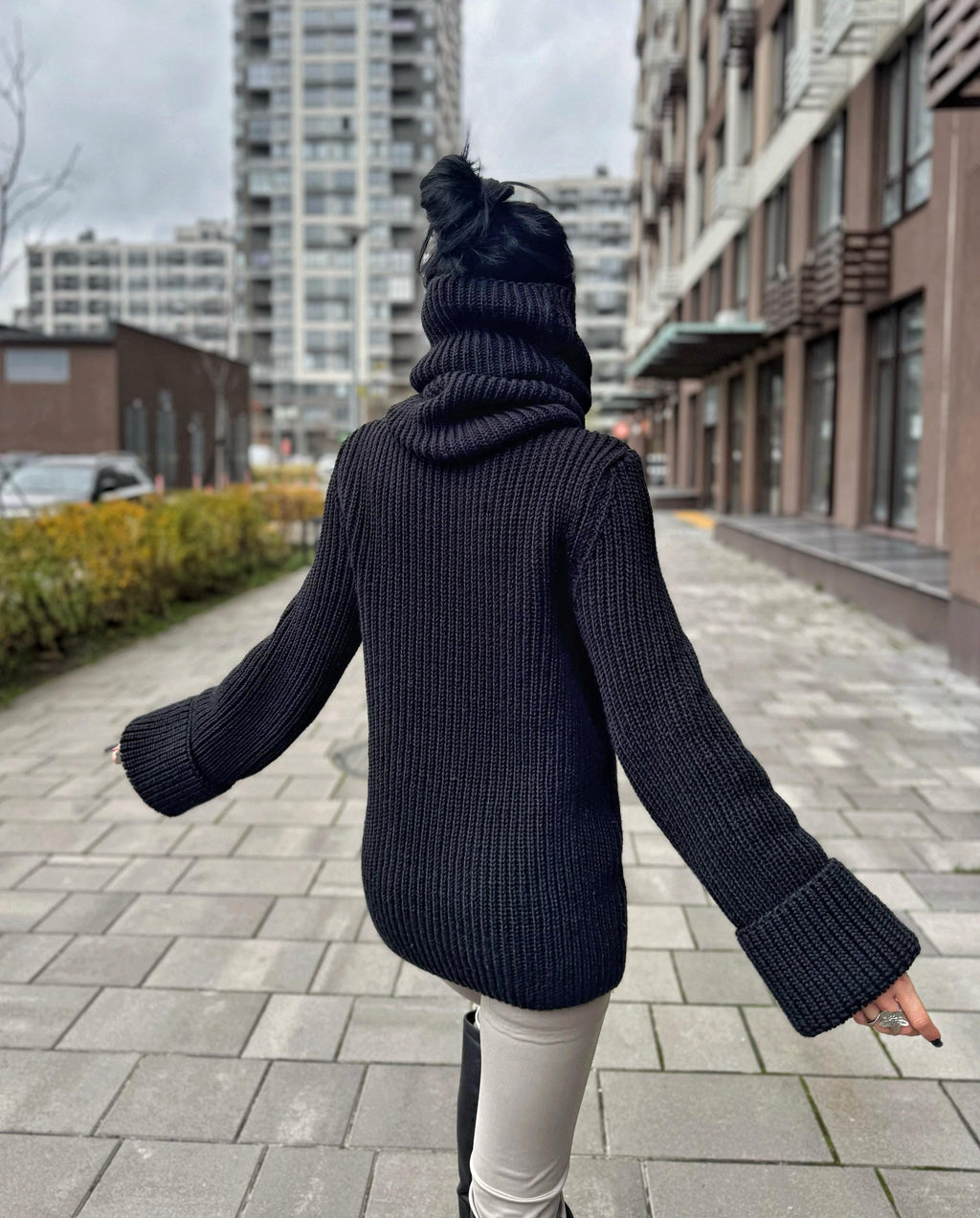 Big merino wool black turtleneck sweater Big collar long hand knit merino wool sweater dress Cable knit big pullover Chunky knit high collar