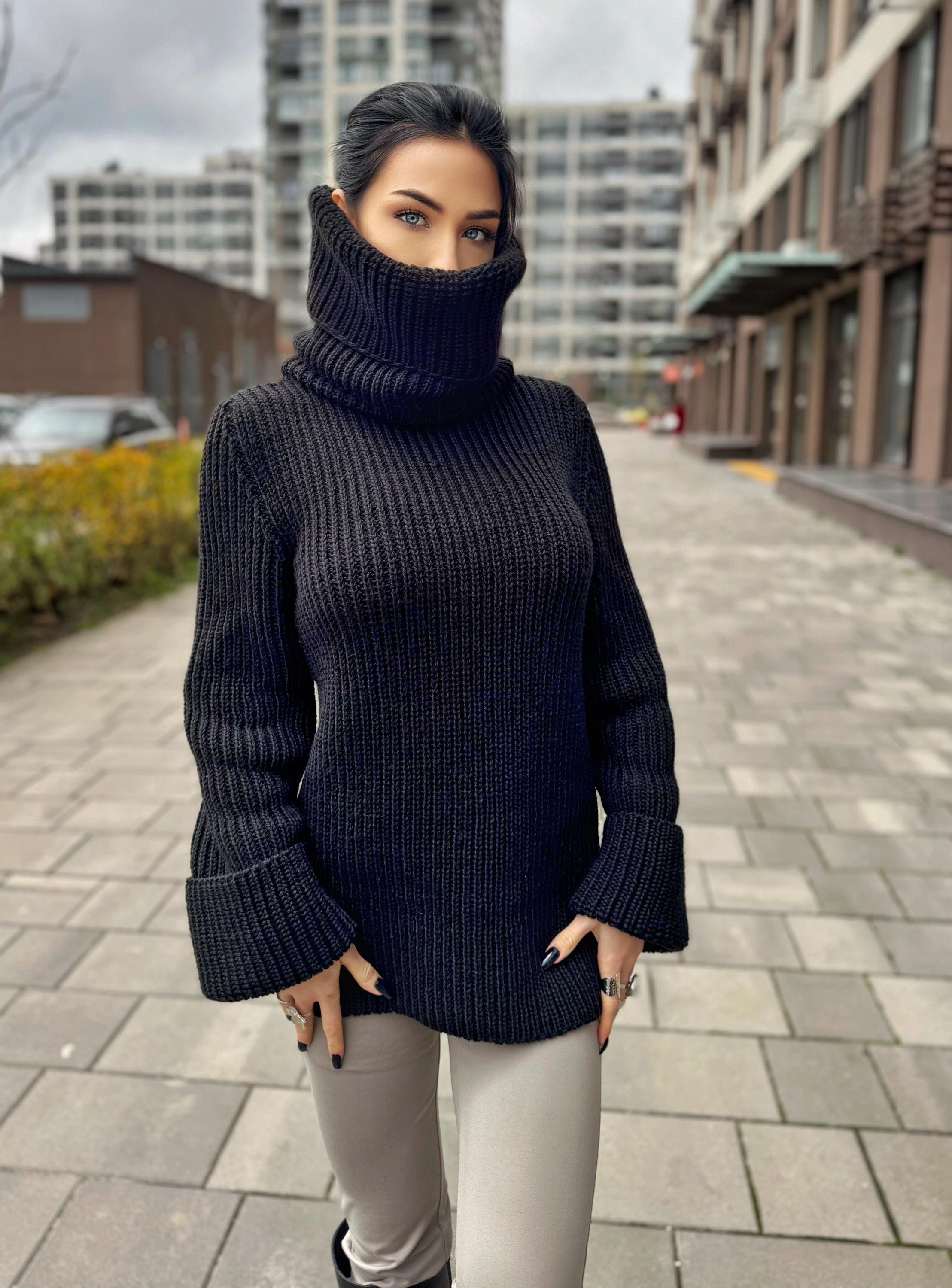 Large merino wool black turtleneck sweater dress Large high collar hand knit merino wool sweater Cable knit big pullover Chunky knit
