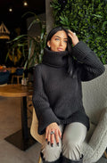 Large merino wool black turtleneck sweater dress Large high collar hand knit merino wool sweater Cable knit big pullover Chunky knit