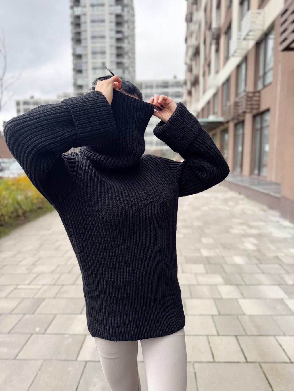 Large merino wool black turtleneck sweater dress Large high collar hand knit merino wool sweater Cable knit big pullover Chunky knit