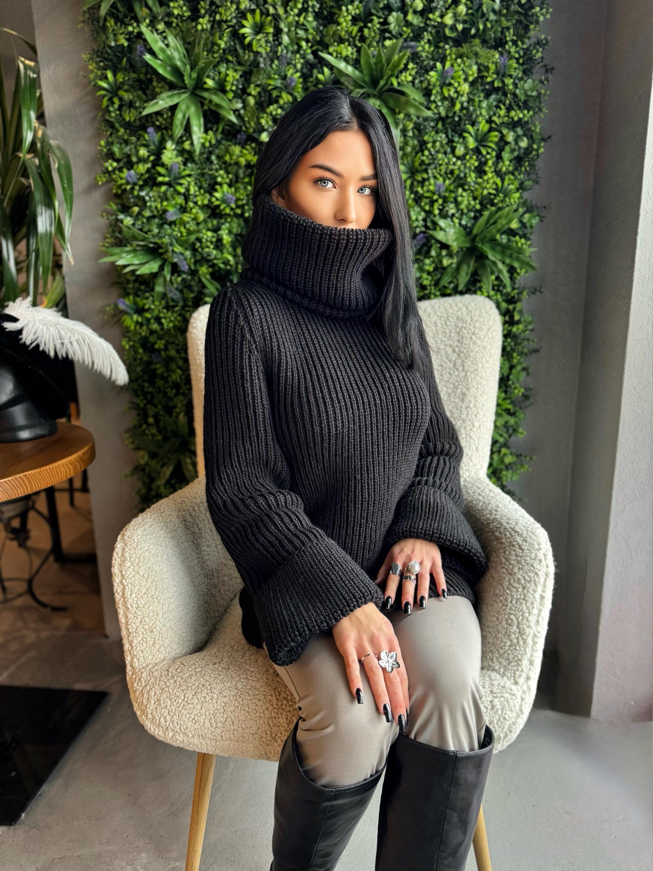 Large merino wool black turtleneck sweater dress Large high collar hand knit merino wool sweater Cable knit big pullover Chunky knit