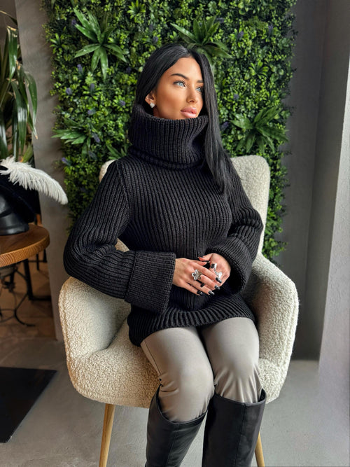 Big merino wool black turtleneck sweater Big collar long hand knit merino wool sweater dress Cable knit big pullover Chunky knit high collar