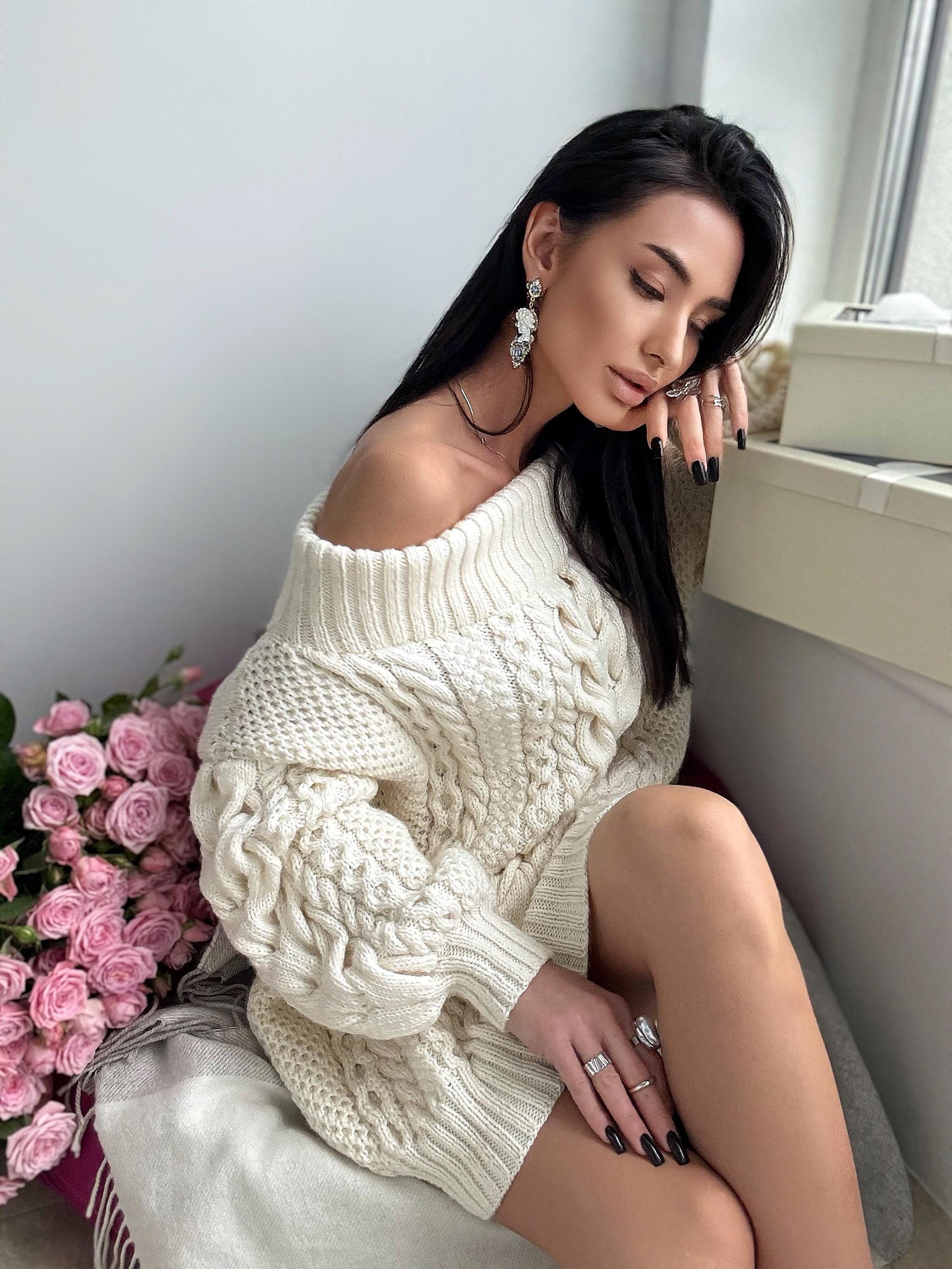 White milk hand knit Aran sweater dress women Off shoulder sweater Long Cable wool sweater Knitted one shoulder dress Big cozy dress