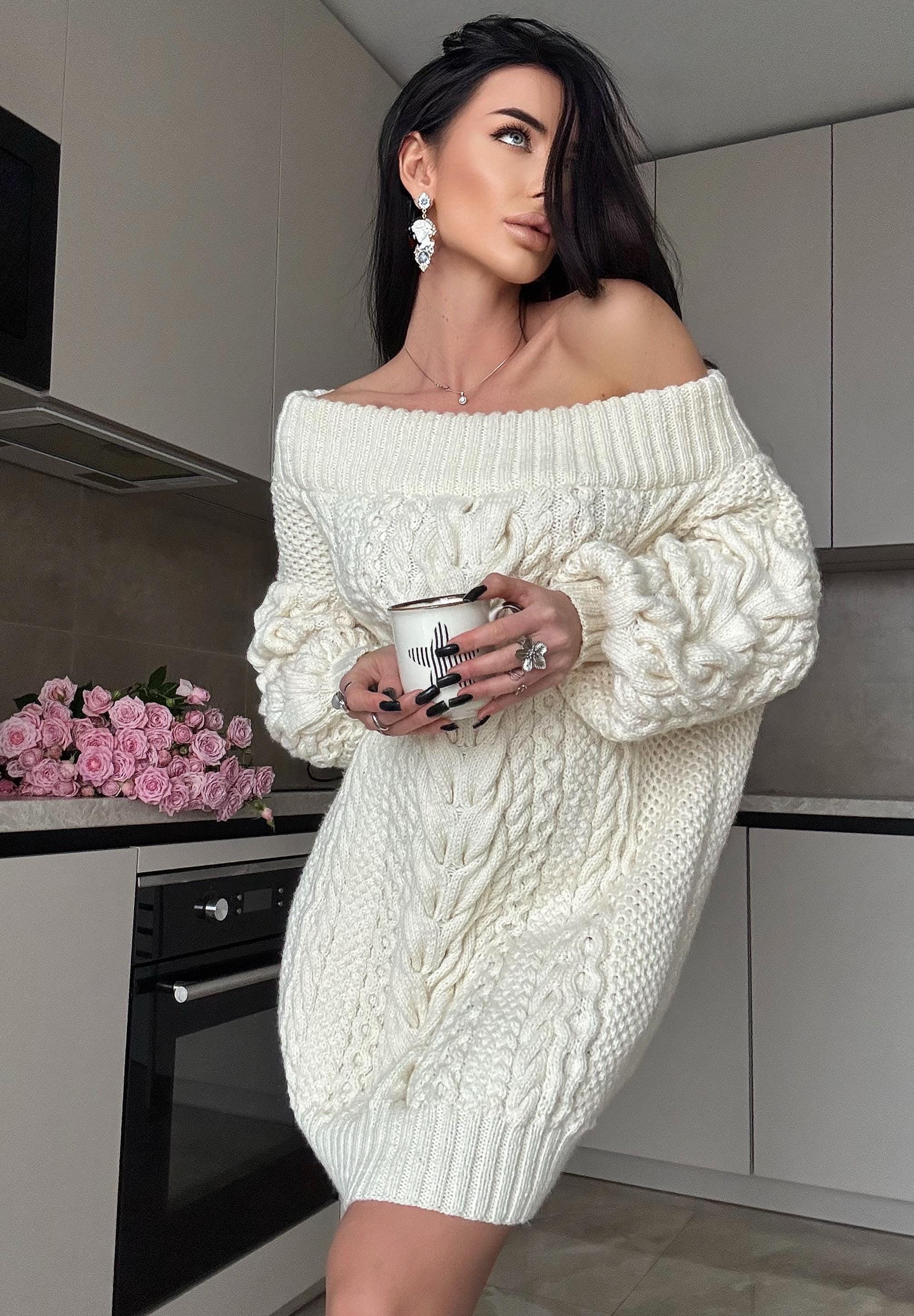 White milk hand knit Aran sweater dress women Off shoulder sweater Long Cable wool sweater Knitted one shoulder dress Big cozy dress