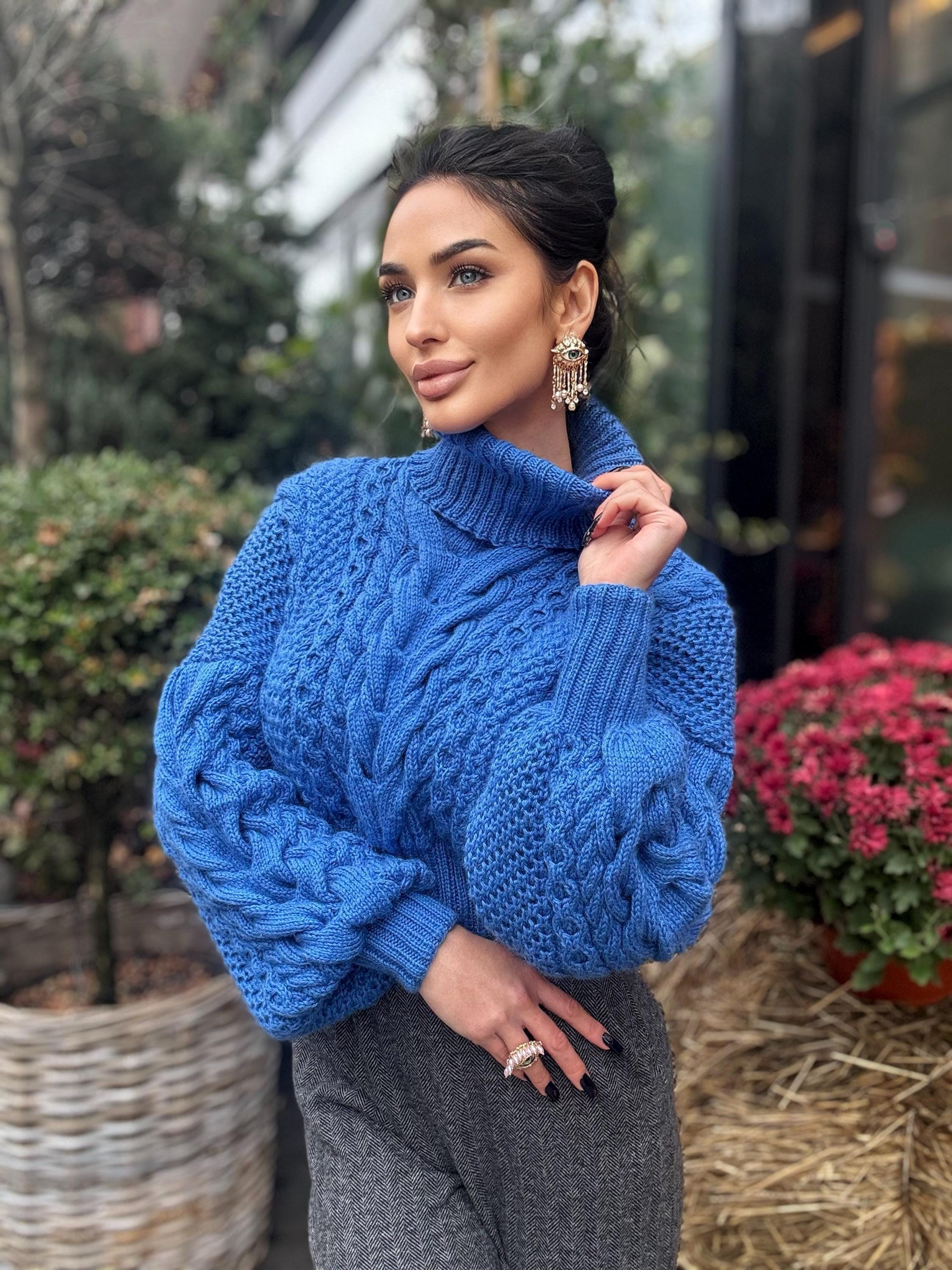 Hand knit aran wool blue cropped sweater Chunky Knit Turtleneck Oversized Pullover Women's Cable knit Jumper merino high collar sweater