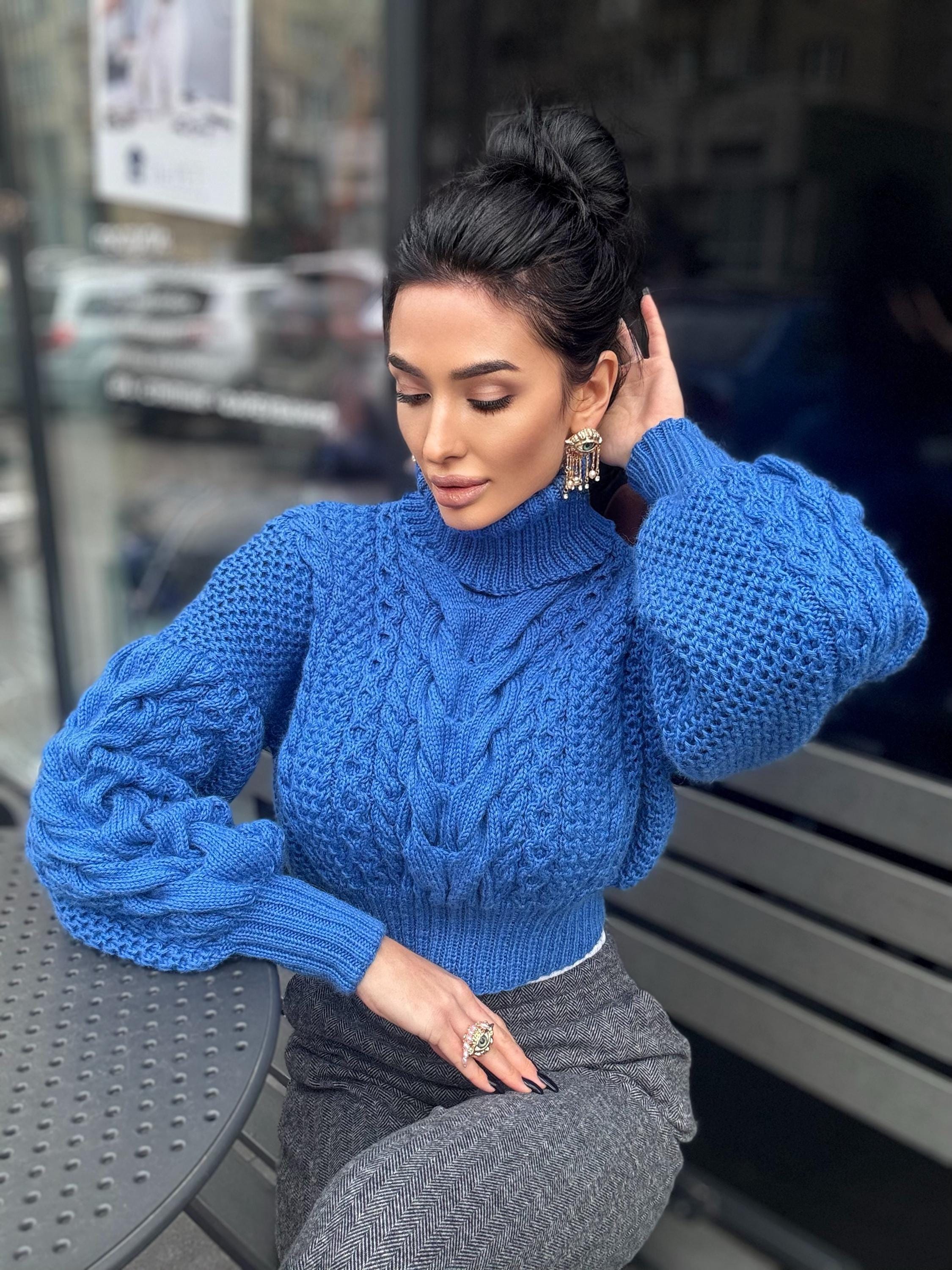 Blue сropped merino wool sweater Chunky cable knit turtleneck Aran Braided oversized high collar pullover Hand knit crop jumper