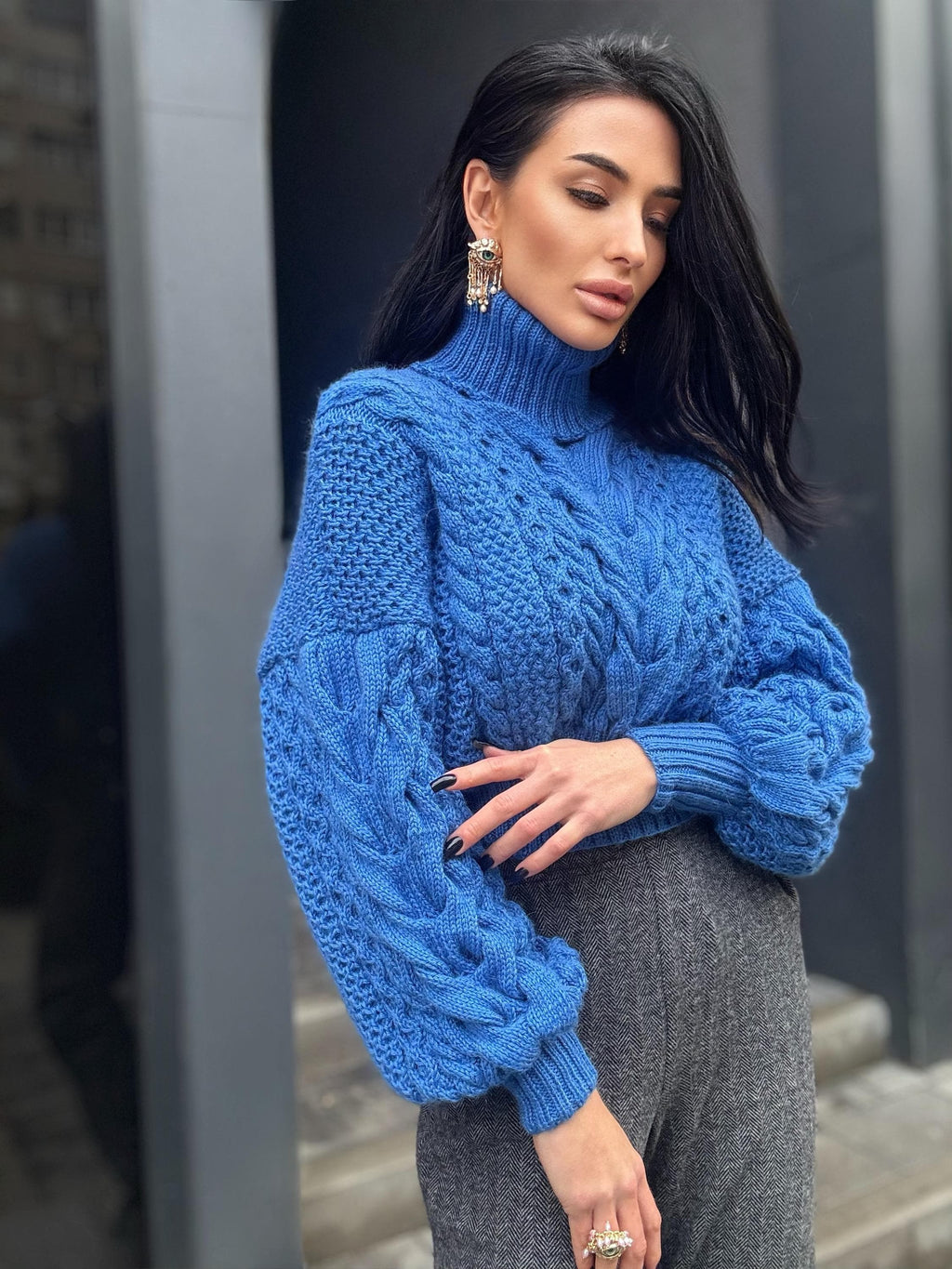 Hand knit aran wool blue cropped sweater Chunky Knit Turtleneck Oversized Pullover Women's Cable knit Jumper merino high collar sweater