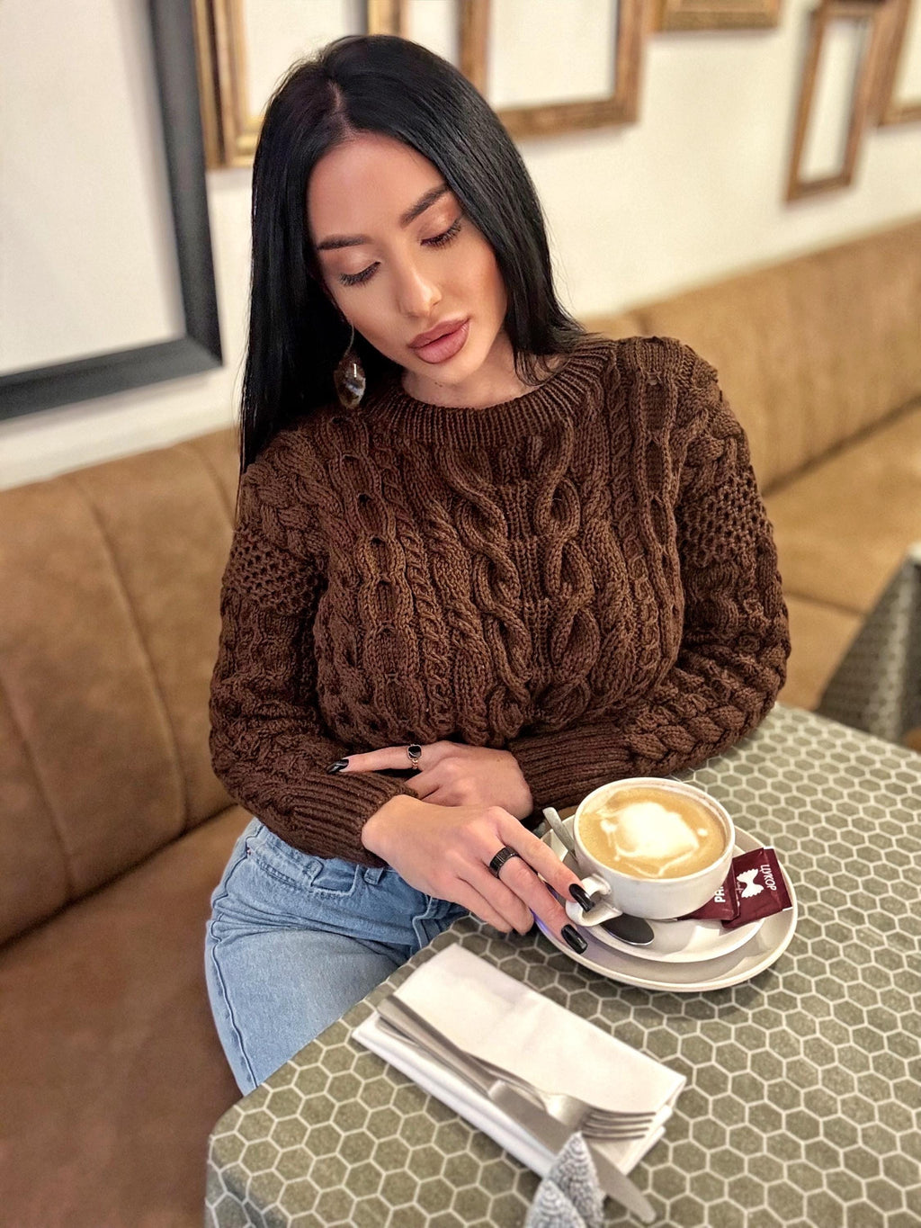 Crop hand knit merino wool Chocolate aran sweater top women Crop jumper Cable knitting Loose knit oversized High waist