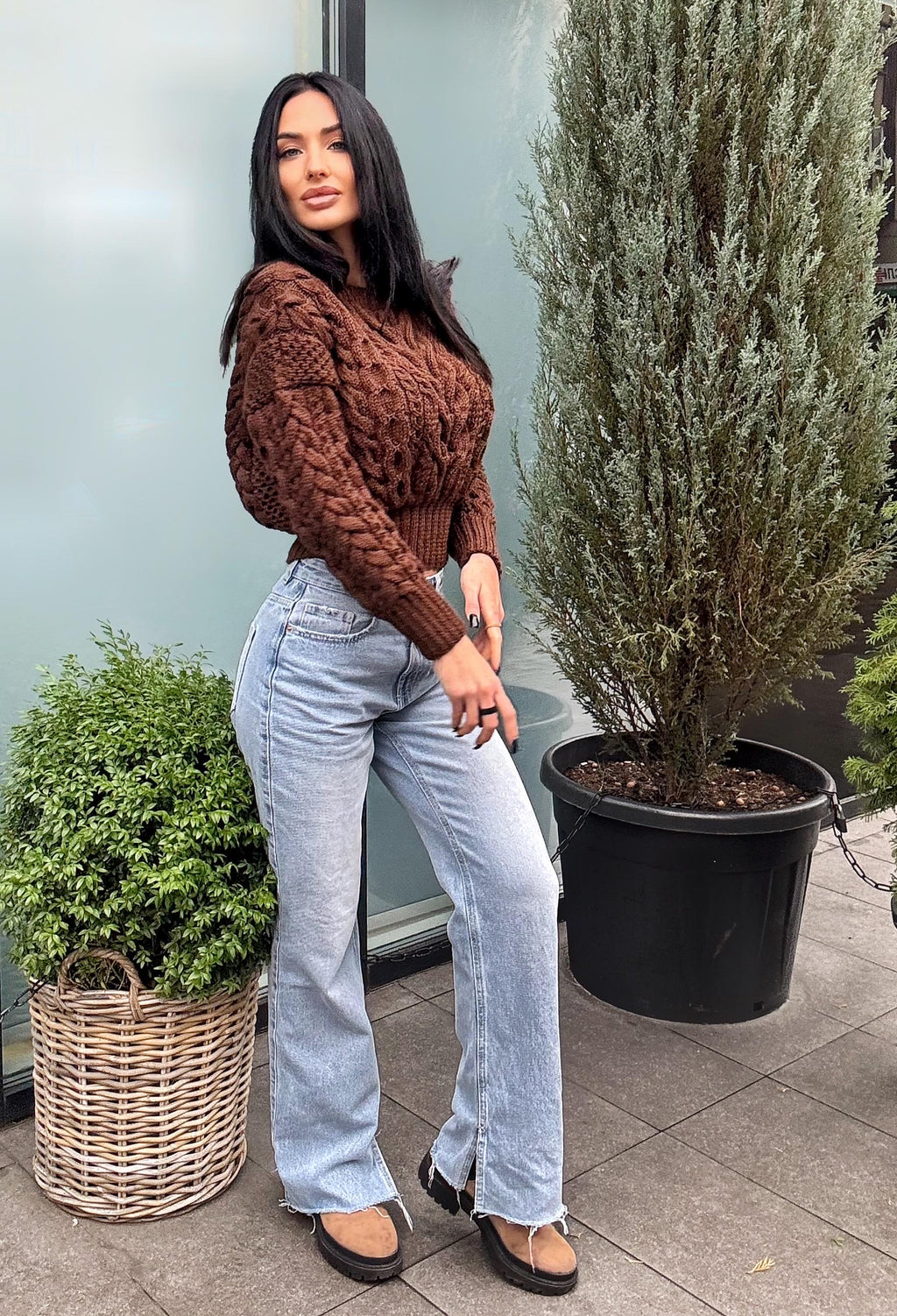 Crop hand knit merino wool Chocolate aran sweater top women Crop jumper Cable knitting Loose knit oversized High waist