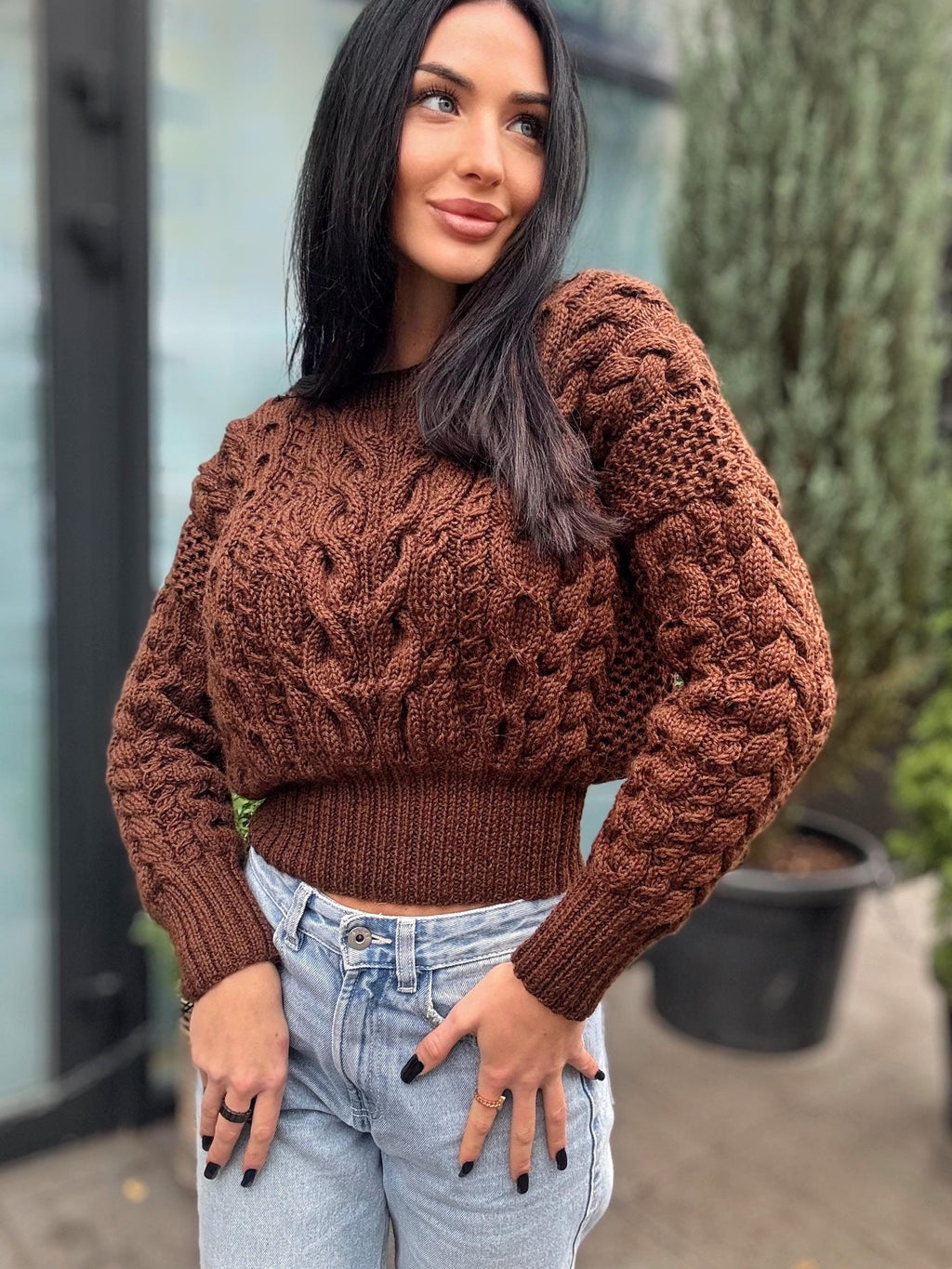 Crop hand knit merino wool Chocolate aran sweater top women Crop jumper Cable knitting Loose knit oversized High waist