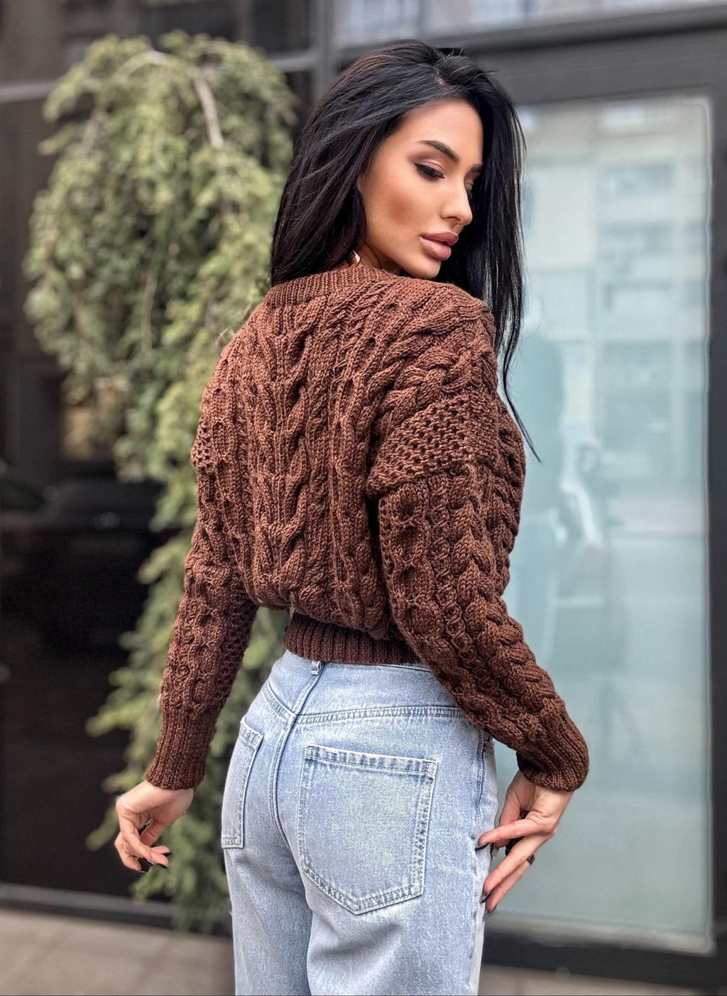 Crop hand knit merino wool Chocolate aran sweater top women Crop jumper Cable knitting Loose knit oversized High waist