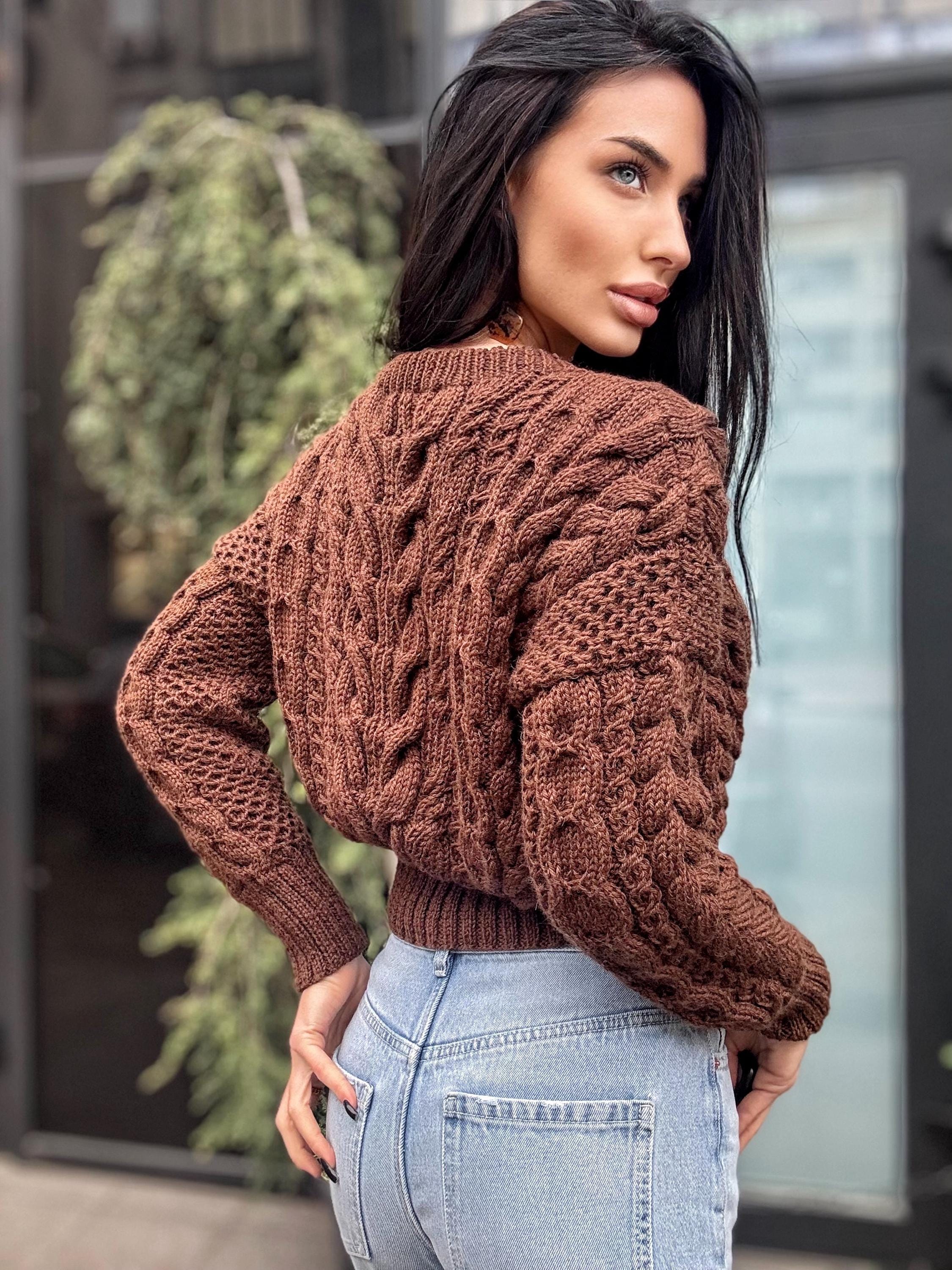 Crop hand knit merino wool Chocolate aran sweater top women Crop jumper Cable knitting Loose knit oversized High waist