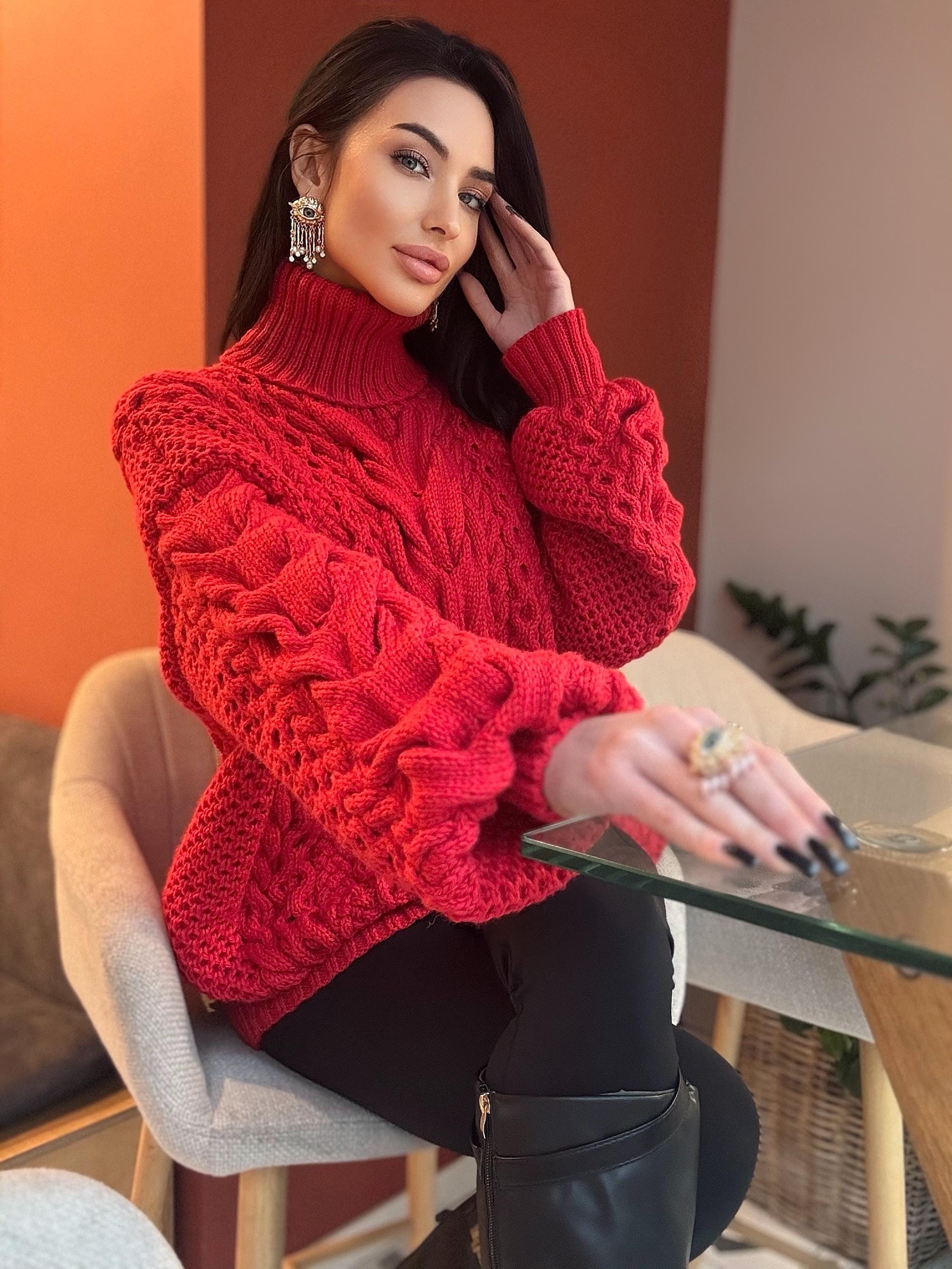 Aran hand knit oversize merino wool big red sweater dress women Cable knit big turtleneck unisex Scandinavian chunky knit sweater