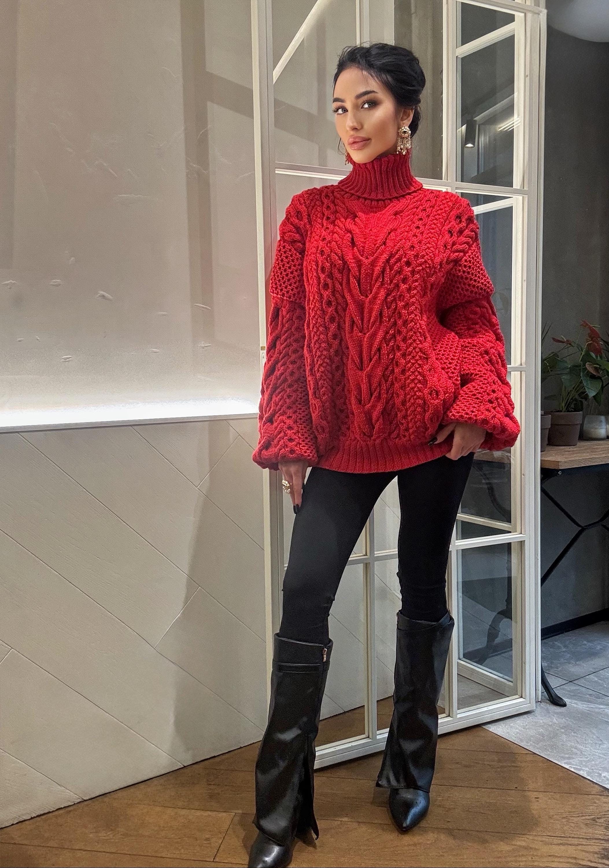 Aran hand knit oversize merino wool big red sweater dress women Cable knit big turtleneck unisex Scandinavian chunky knit sweater