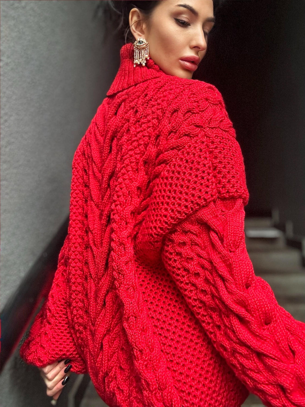 Aran hand knit oversize merino wool big red sweater dress women Cable knit big turtleneck unisex Scandinavian chunky knit sweater