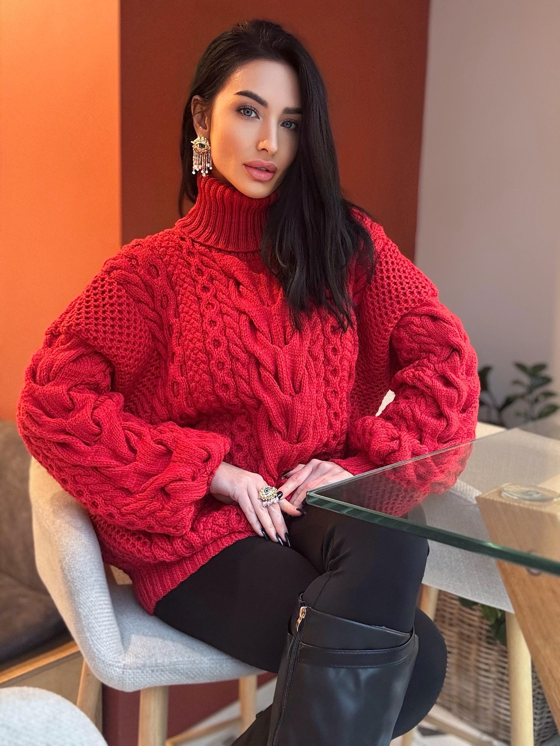Aran hand knit oversize merino wool big red sweater dress women Cable knit big turtleneck unisex Scandinavian chunky knit sweater