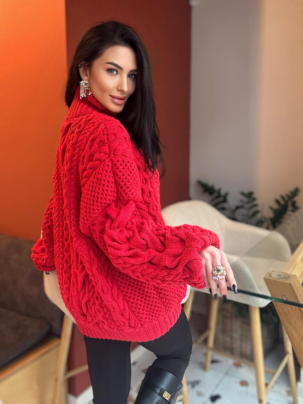 Aran hand knit oversize merino wool big red sweater dress women Cable knit big turtleneck unisex Scandinavian chunky knit sweater