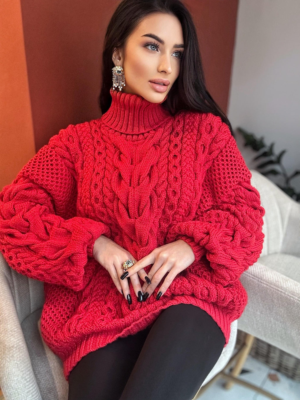 Aran hand knit oversize merino wool big red sweater dress women Cable knit big turtleneck unisex Scandinavian chunky knit sweater