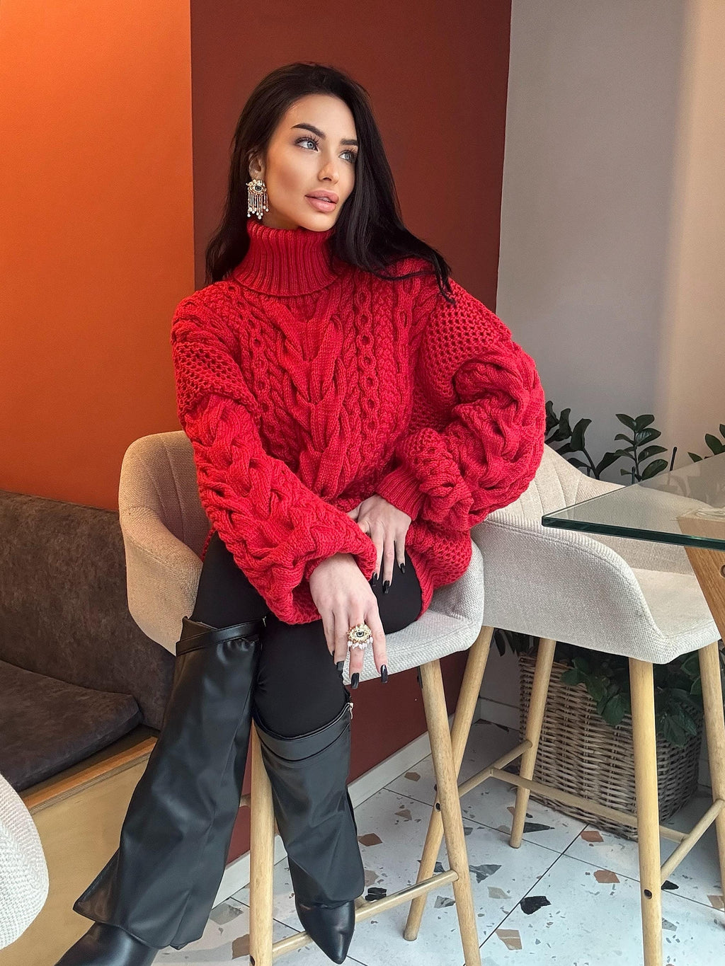 Aran hand knit oversize merino wool big red sweater dress women Cable knit big turtleneck unisex Scandinavian chunky knit sweater