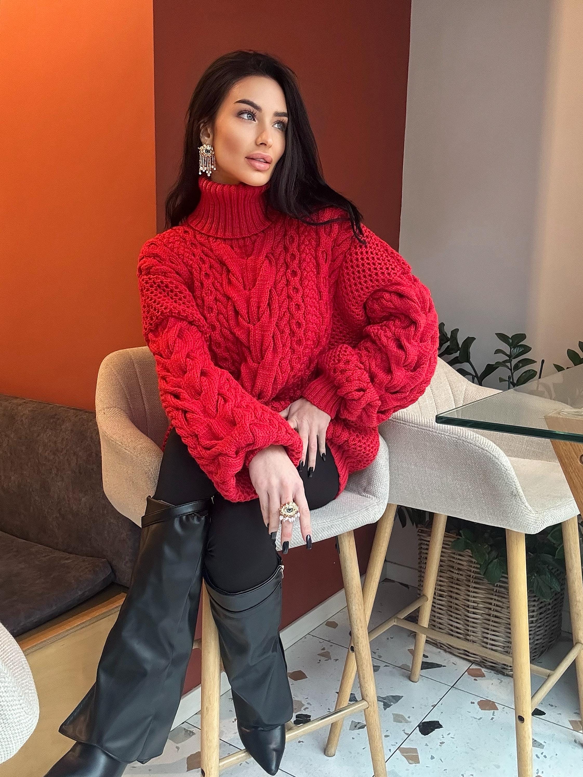 Aran hand knit oversize merino wool big red sweater dress women Cable knit big turtleneck unisex Scandinavian chunky knit sweater
