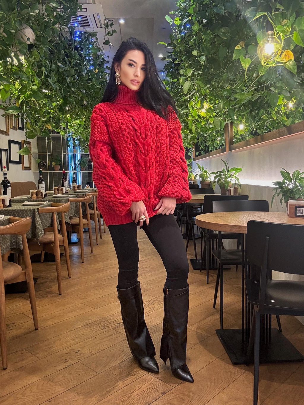 Aran hand knit oversize merino wool big red sweater dress women Cable knit big turtleneck unisex Scandinavian chunky knit sweater