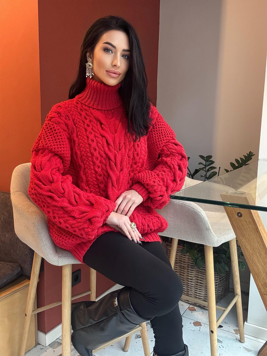 Aran hand knit oversize merino wool big red sweater dress women Cable knit big turtleneck unisex Scandinavian chunky knit sweater