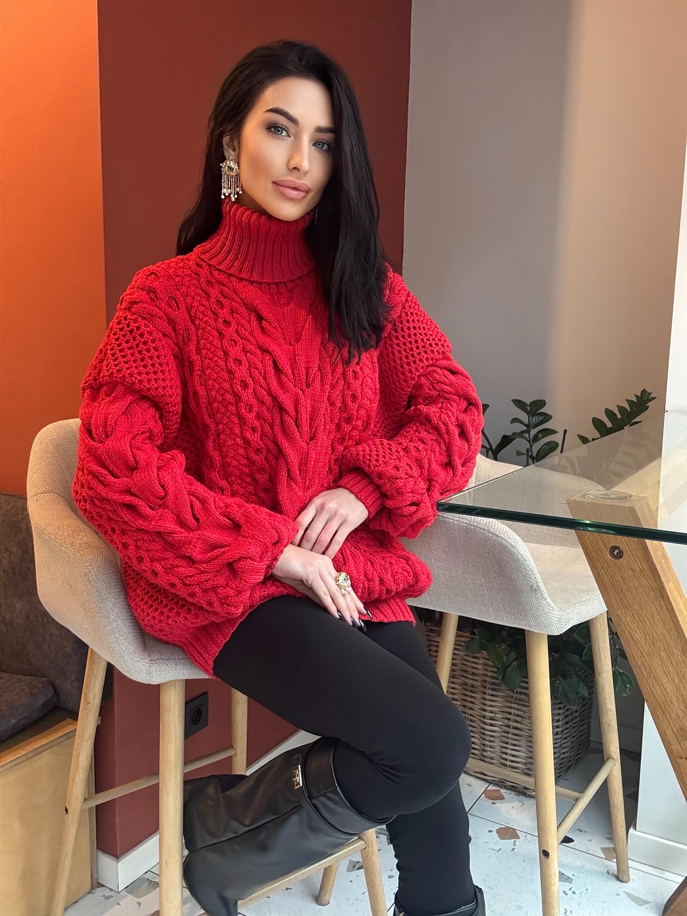 Aran hand knit oversize merino wool big red sweater dress women Cable knit big turtleneck unisex Scandinavian chunky knit sweater