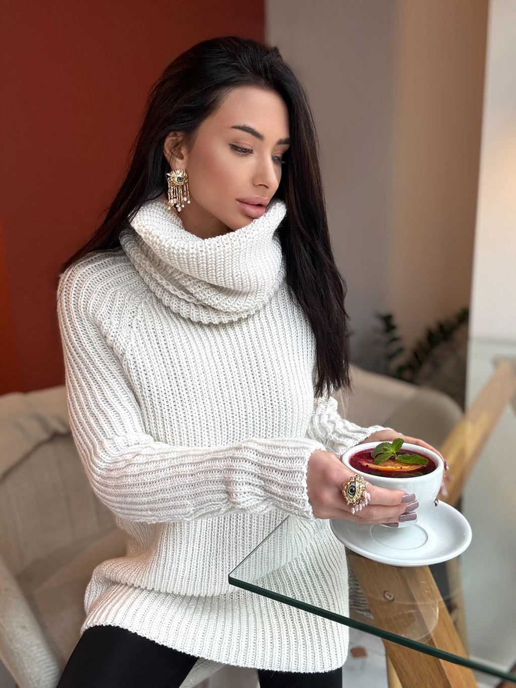 White milk pastel hand knit big collar long sweater turtleneck Cable Knit Pastel wool pullover Womens Chunky knit sweater dress