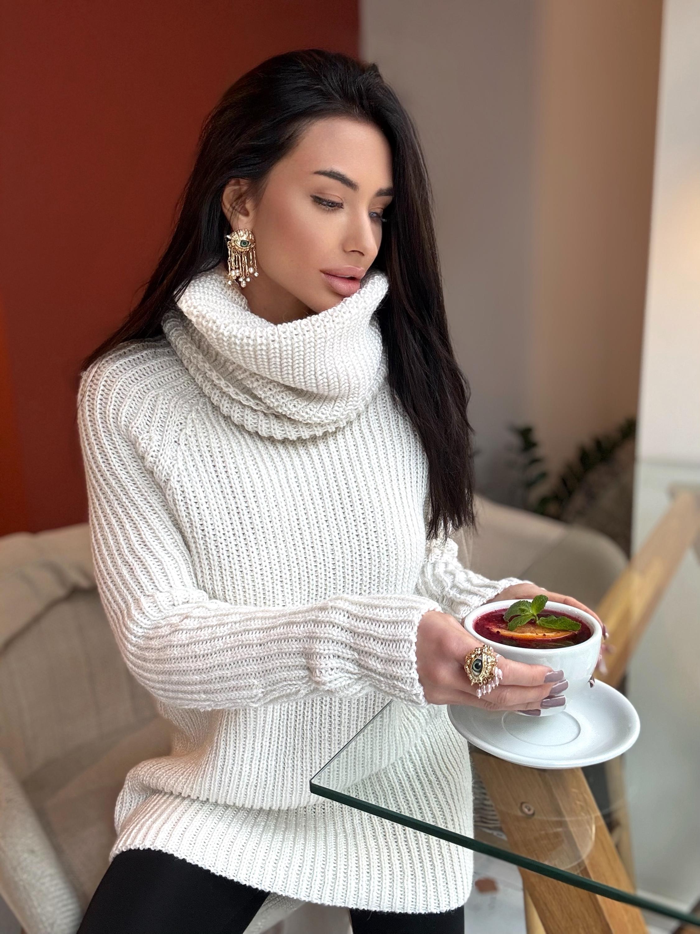 White milk pastel hand knit big collar long sweater turtleneck Cable Knit Pastel wool pullover Womens Chunky knit sweater dress