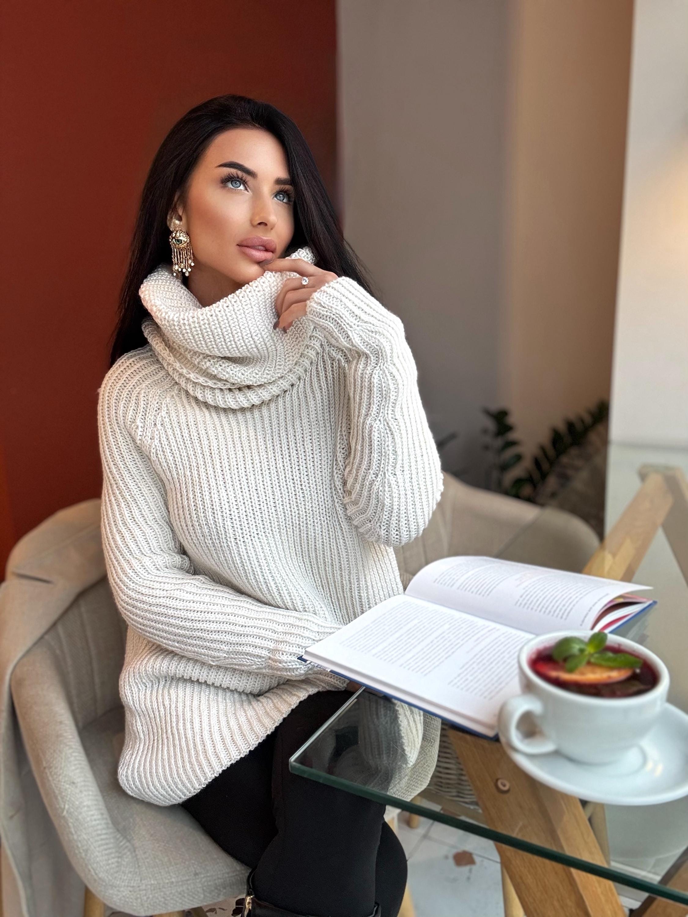 White milk pastel hand knit big collar long sweater turtleneck Cable Knit Pastel wool pullover Womens Chunky knit sweater dress