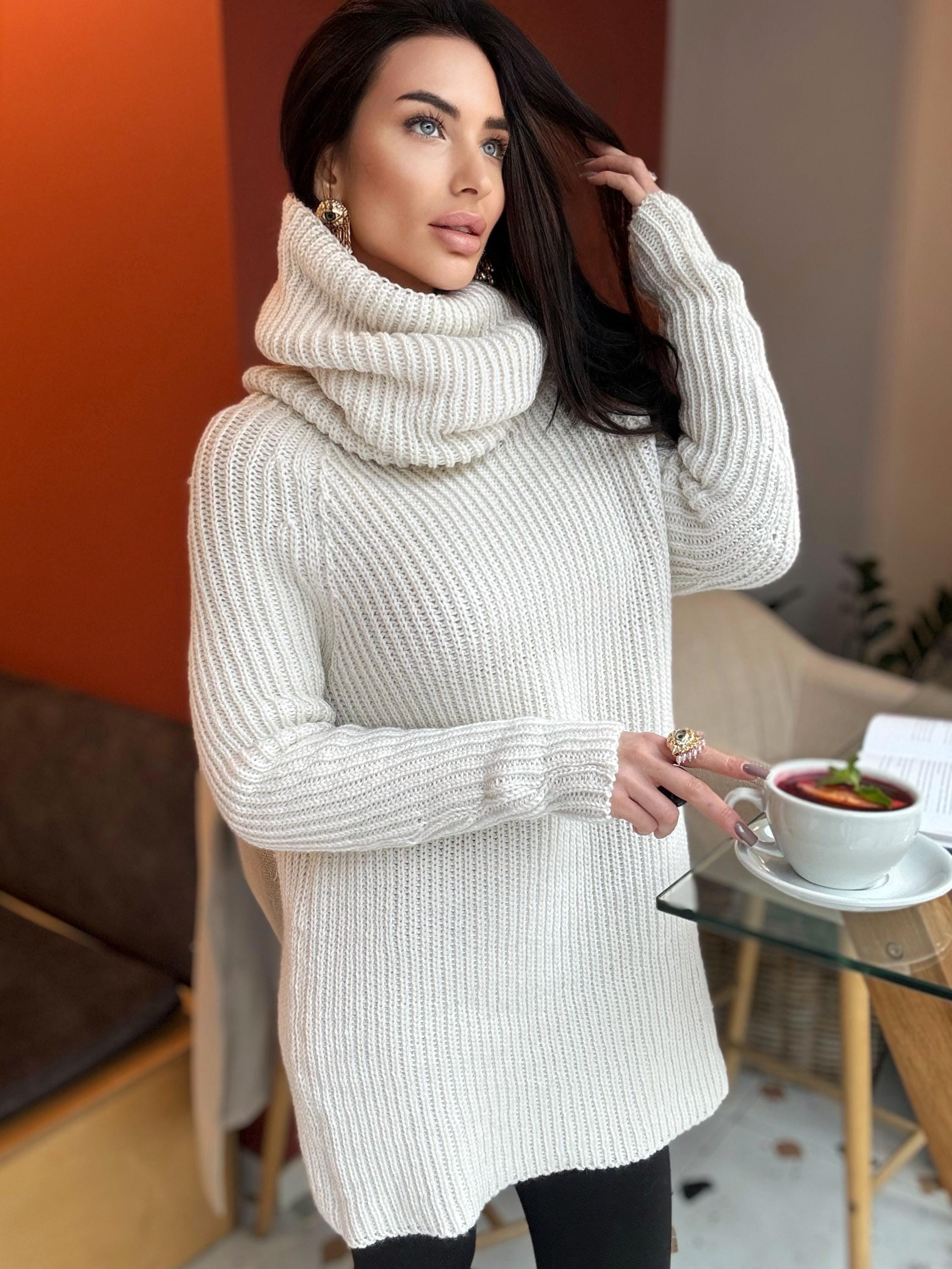 White milk pastel hand knit big collar long sweater turtleneck Cable Knit Pastel wool pullover Womens Chunky knit sweater dress
