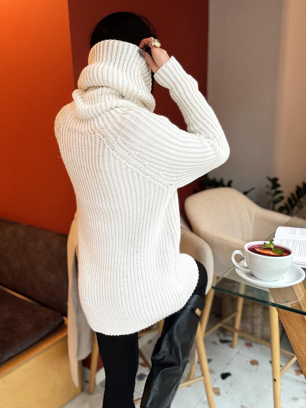 White milk pastel hand knit big collar long sweater turtleneck Cable Knit Pastel wool pullover Womens Chunky knit sweater dress