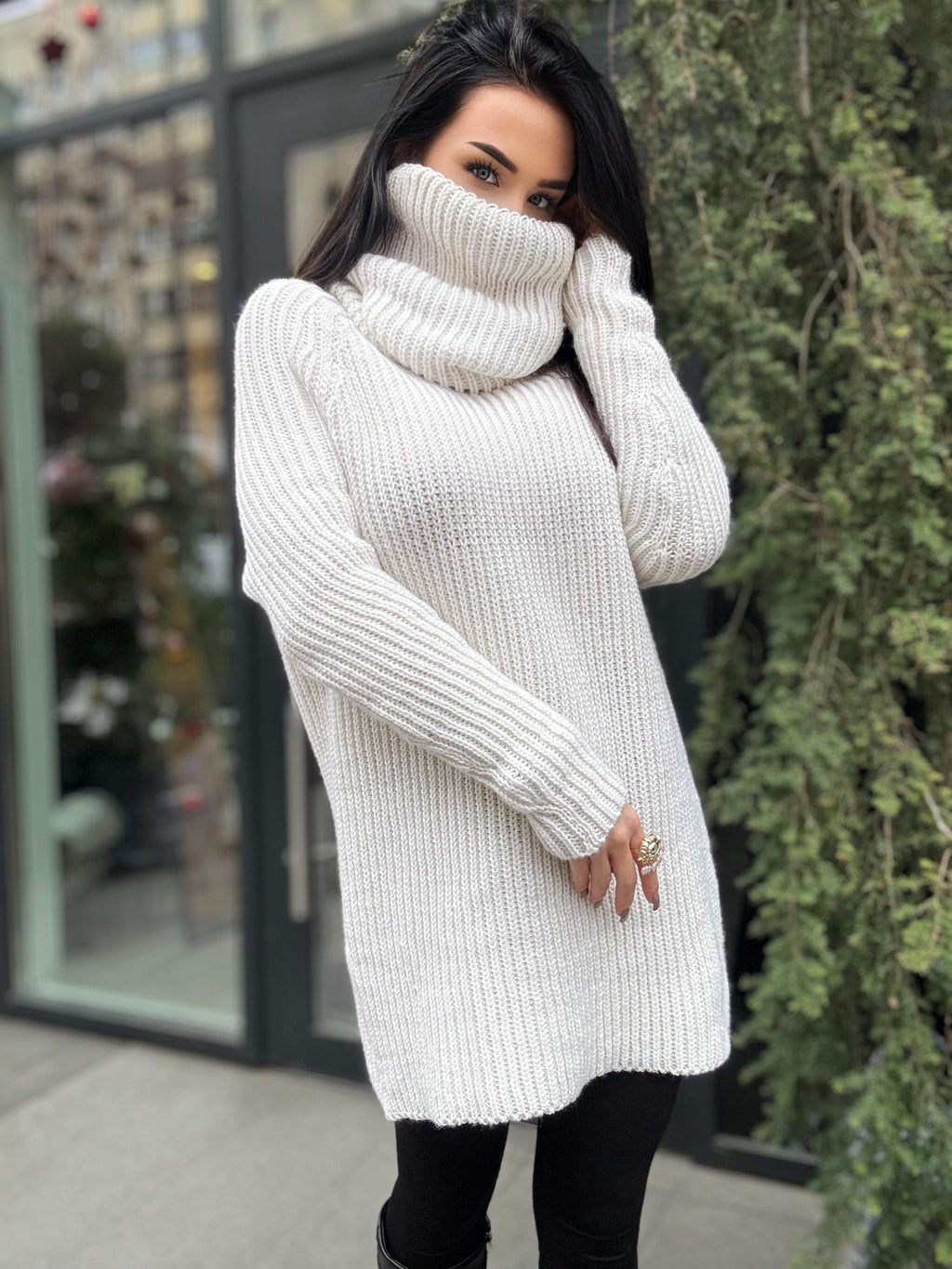 White milk pastel hand knit big collar long sweater turtleneck Cable Knit Pastel wool pullover Womens Chunky knit sweater dress