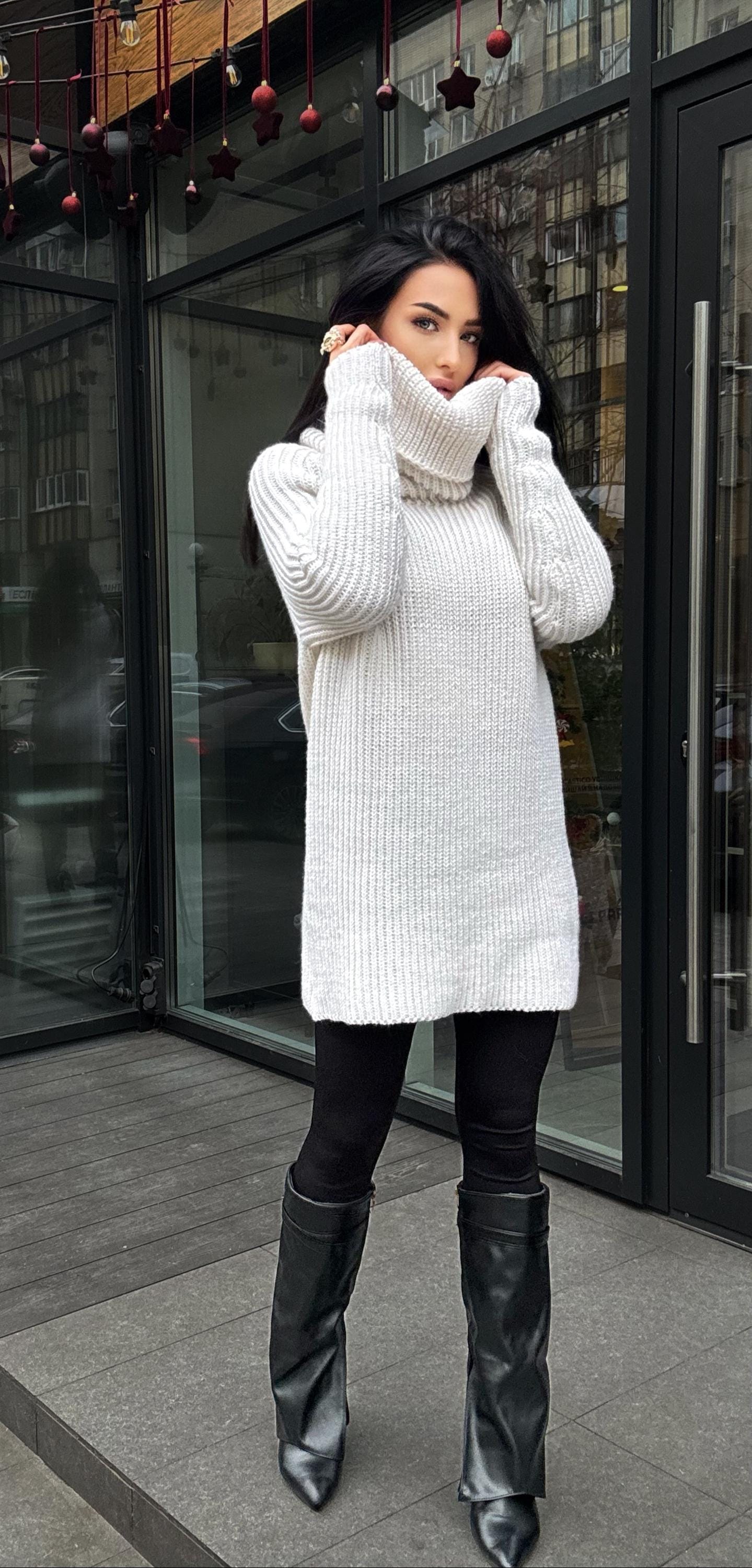 White milk pastel hand knit big collar long sweater turtleneck Cable Knit Pastel wool pullover Womens Chunky knit sweater dress