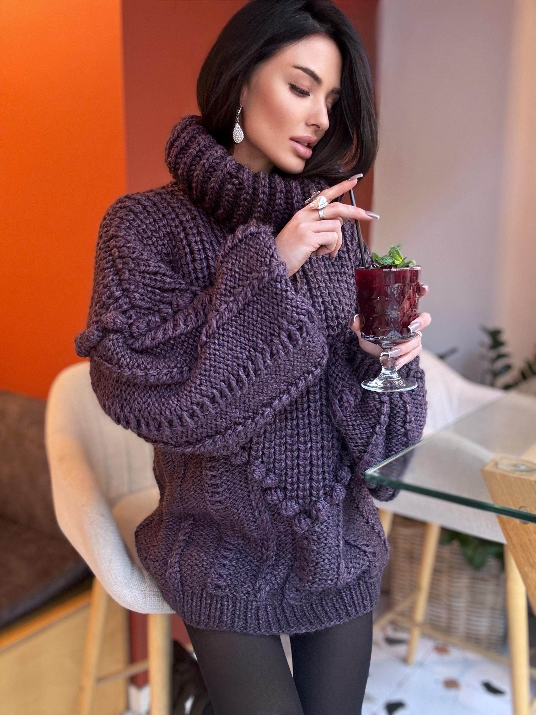 Large cable hand knit dark blue alpaca wool sweater unisex Cable knit pullover high collar Knitted big turtleneck Super Bulky Sweater dress