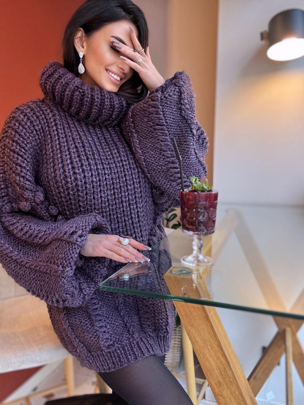 Large cable hand knit dark blue alpaca wool sweater unisex Cable knit pullover high collar Knitted big turtleneck Super Bulky Sweater dress