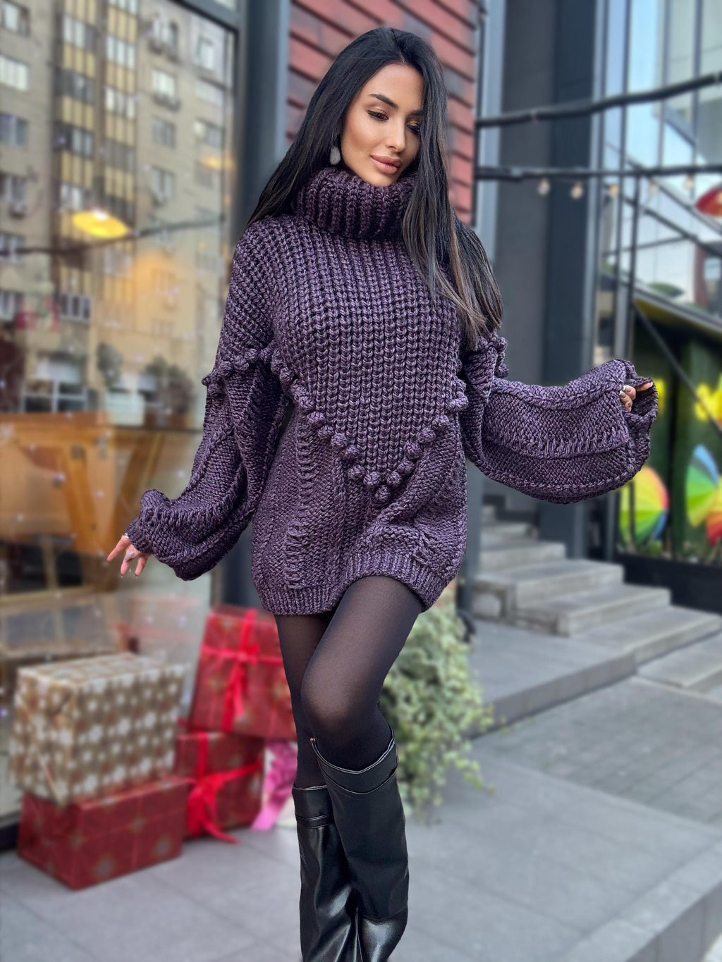 Large cable hand knit dark blue alpaca wool sweater unisex Cable knit pullover high collar Knitted big turtleneck Super Bulky Sweater dress