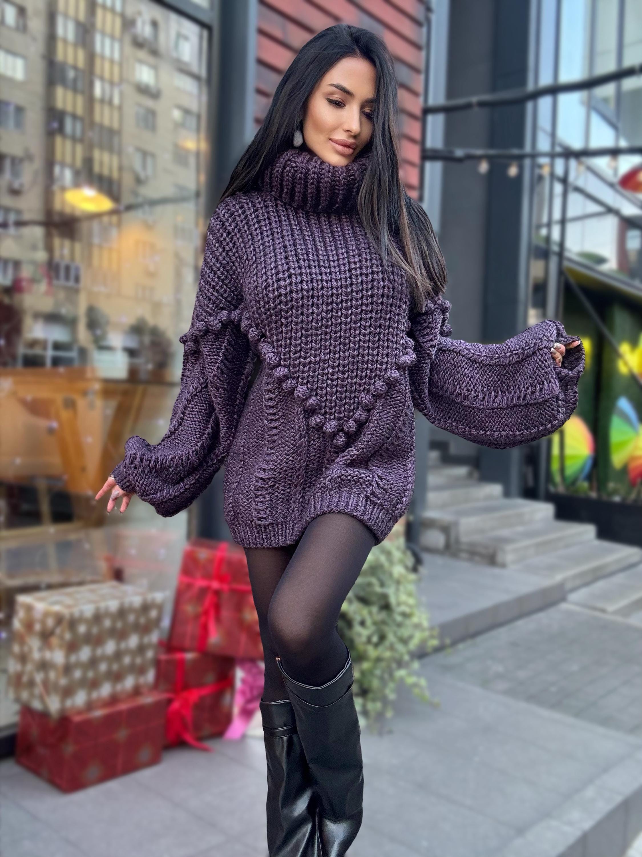Large cable hand knit dark blue alpaca wool sweater unisex Cable knit pullover high collar Knitted big turtleneck Super Bulky Sweater dress