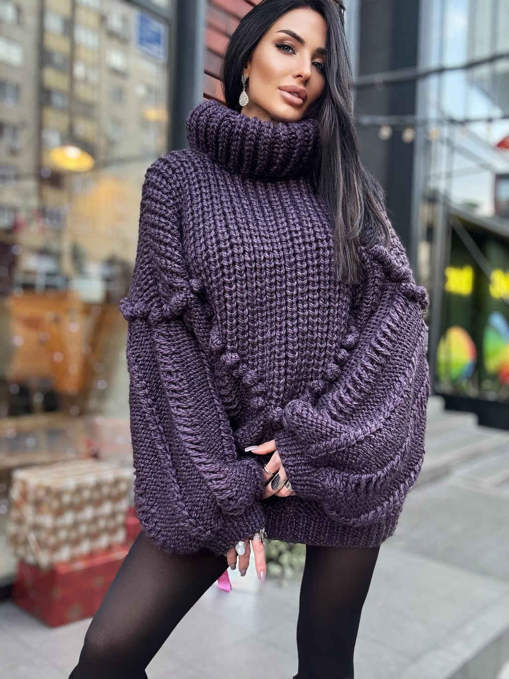 Cable hand knit Plum Brown Purple big alpaca wool sweater Cable knit pullover high collar Knitted big turtleneck Super Bulky Sweater dress