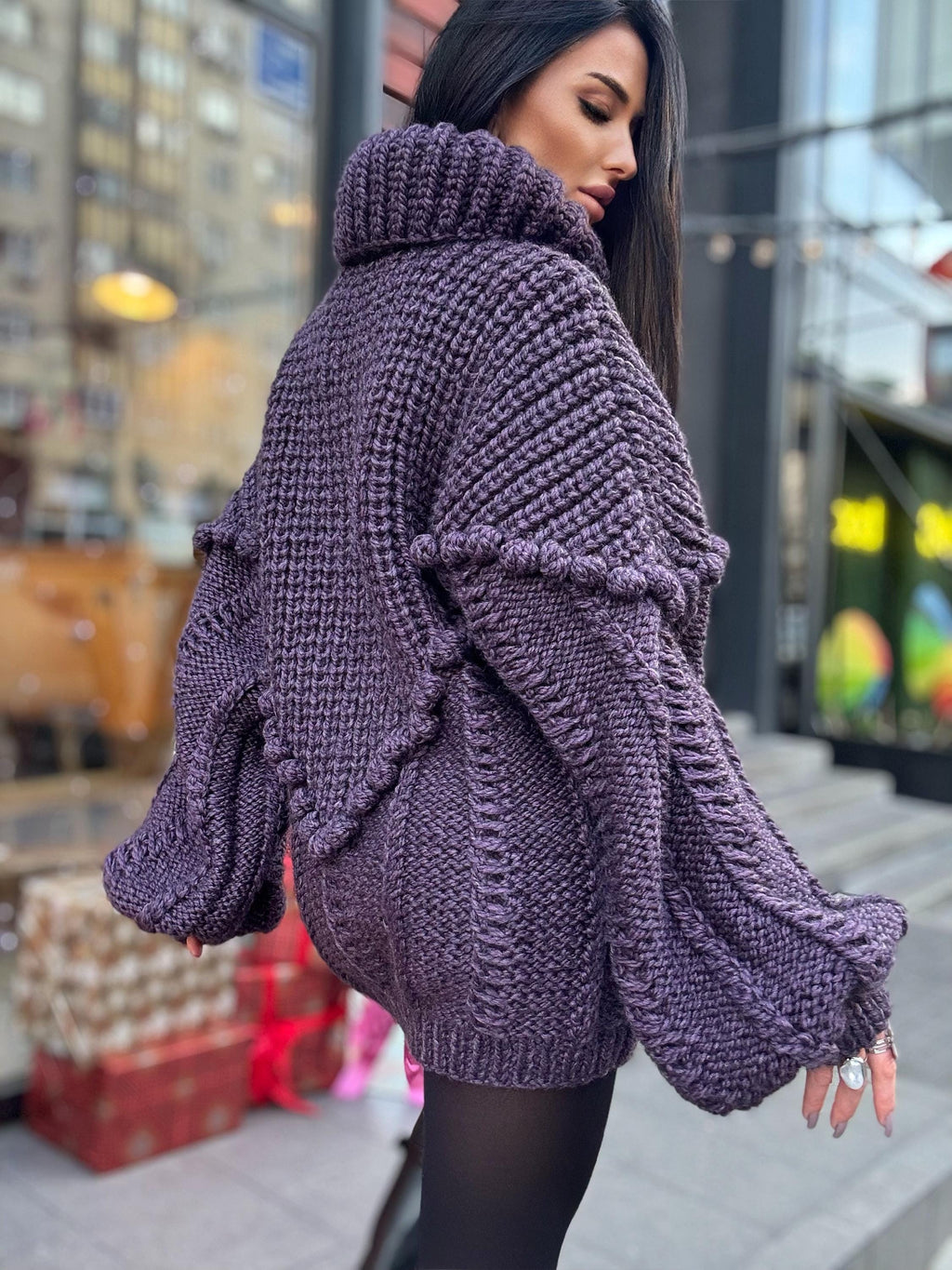 Cable hand knit Plum Brown Purple big alpaca wool sweater Cable knit pullover high collar Knitted big turtleneck Super Bulky Sweater dress