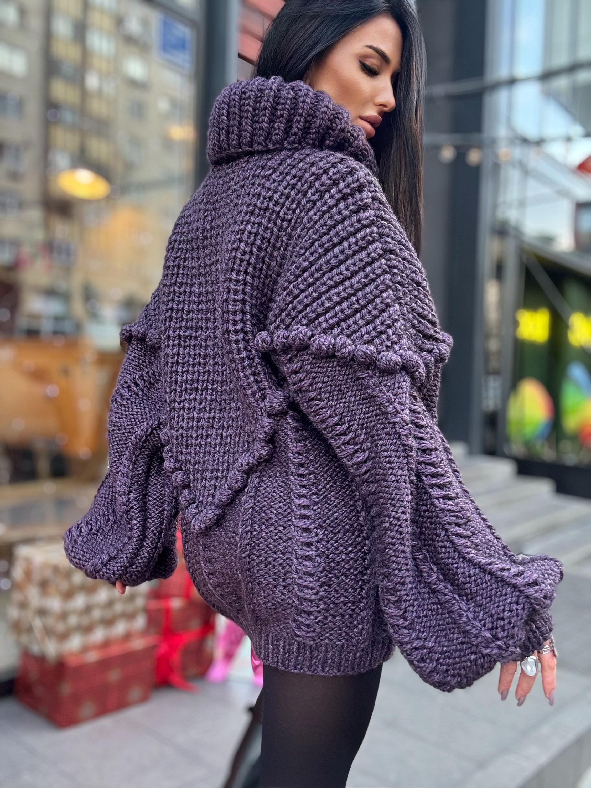 Large cable hand knit dark blue alpaca wool sweater unisex Cable knit pullover high collar Knitted big turtleneck Super Bulky Sweater dress