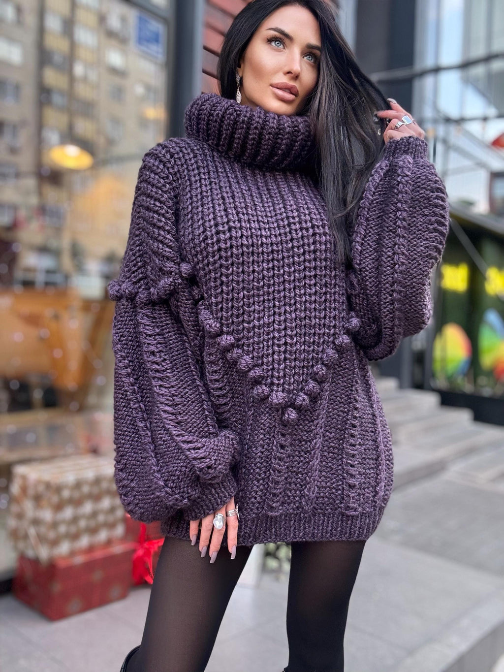 Large cable hand knit dark blue alpaca wool sweater unisex Cable knit pullover high collar Knitted big turtleneck Super Bulky Sweater dress
