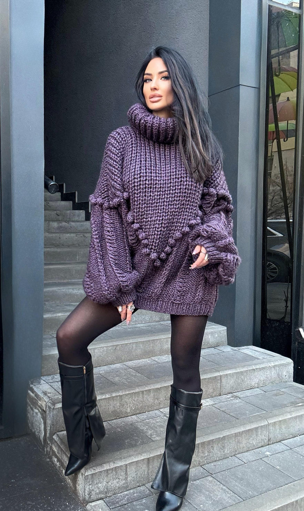 Large cable hand knit dark blue alpaca wool sweater unisex Cable knit pullover high collar Knitted big turtleneck Super Bulky Sweater dress